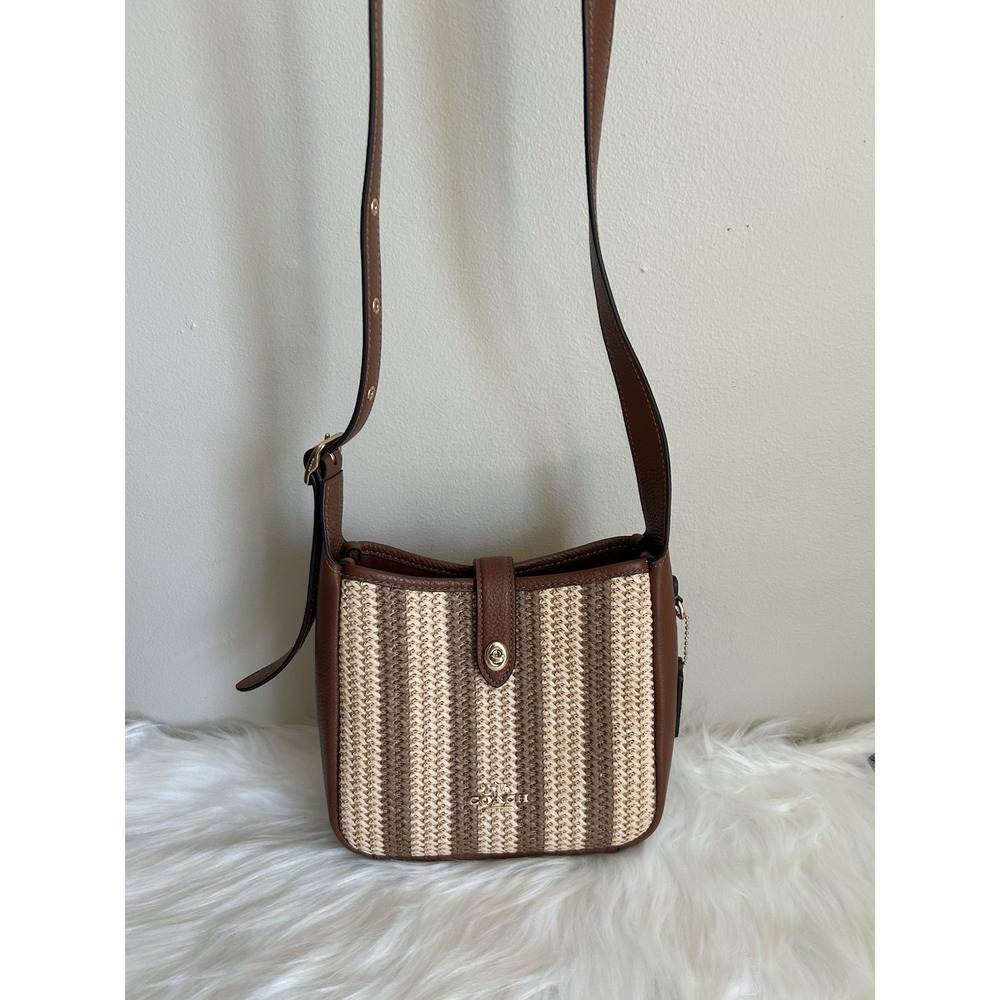 Coach Hadley Mini Straw Leather Striped Crossbody Brown Tan CM563 - Picture 2 of 11